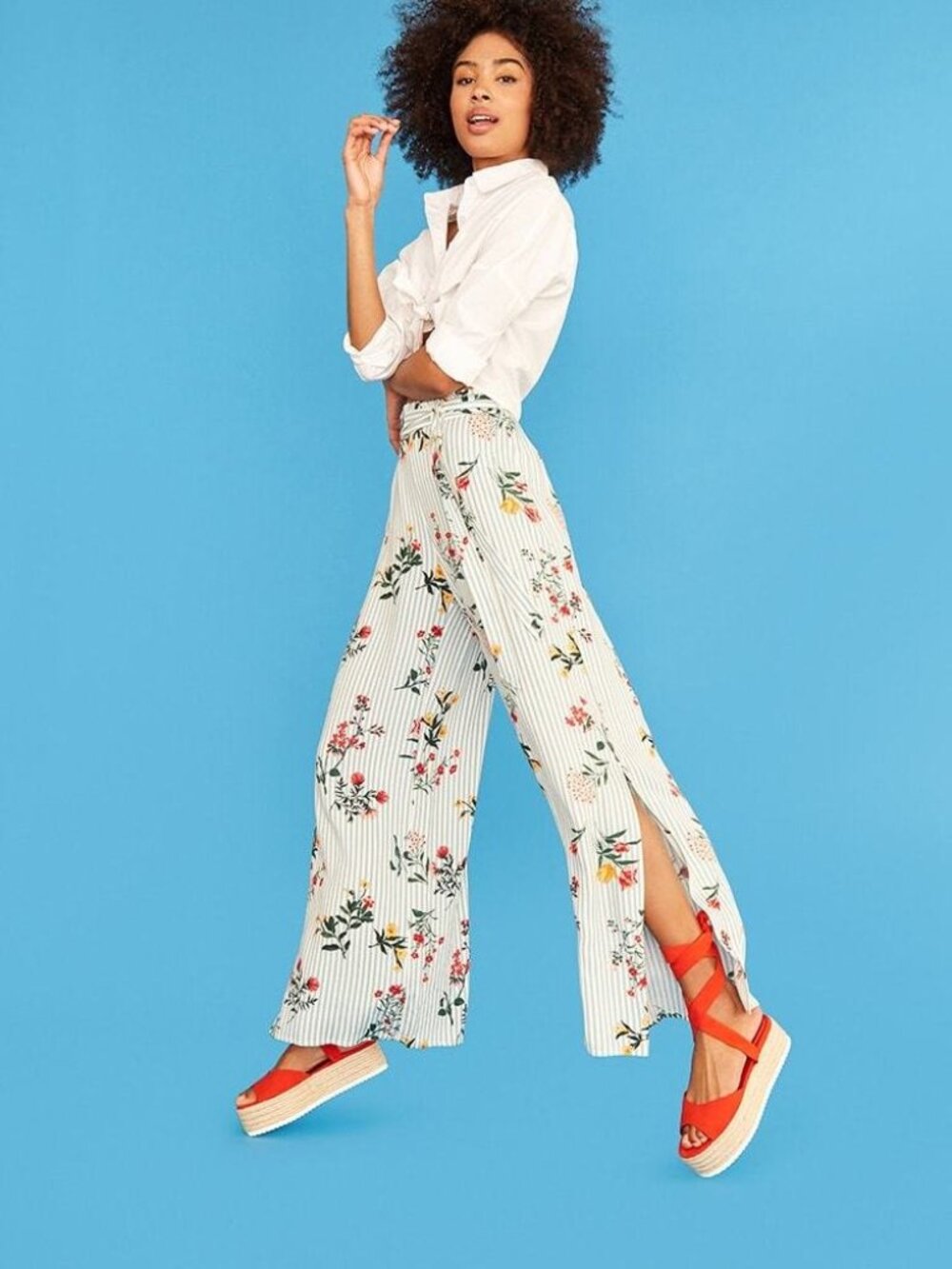 Forever 21 Light Blue Stripe Floral Wide-Leg Pants Medium M